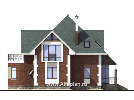 «Алегро» - проект загородного дома с мансардой, планировка дома с эркером и с террасой - превью фасада дома
