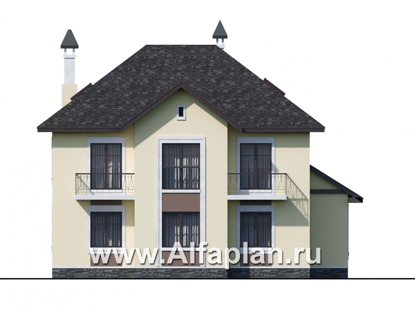 «Разумовский» - проект двухэтажного дома из кирпича, с эркером, с террасой и с балконом - фасад дома