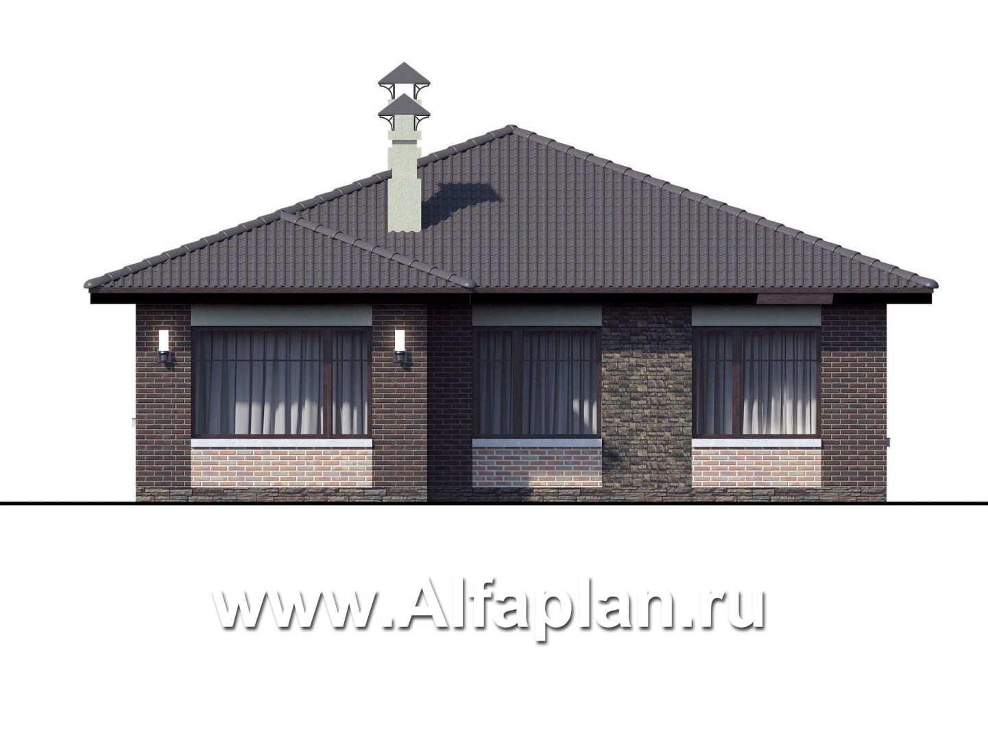 Проекты домов Альфаплан - «Онега» - компактный одноэтажный коттедж с двумя спальнями - изображение фасада №4