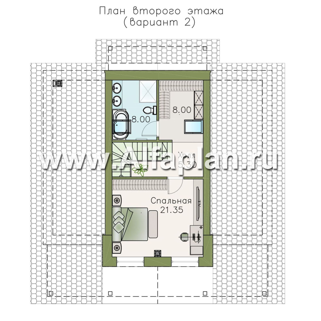 «Моризо» - проект дома с мансардой, планировка 2 спальни на 1 эт и вторая гостиная на 2 эт, шале с двускатной крышей - план дома
