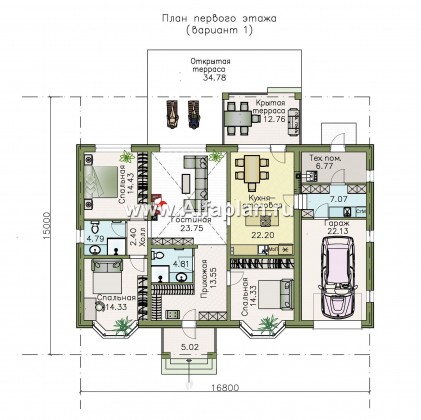 Проекты домов Альфаплан - "Новый свет" - проект одноэтажного дома с гаражом для небольшой семьи - превью плана проекта №1