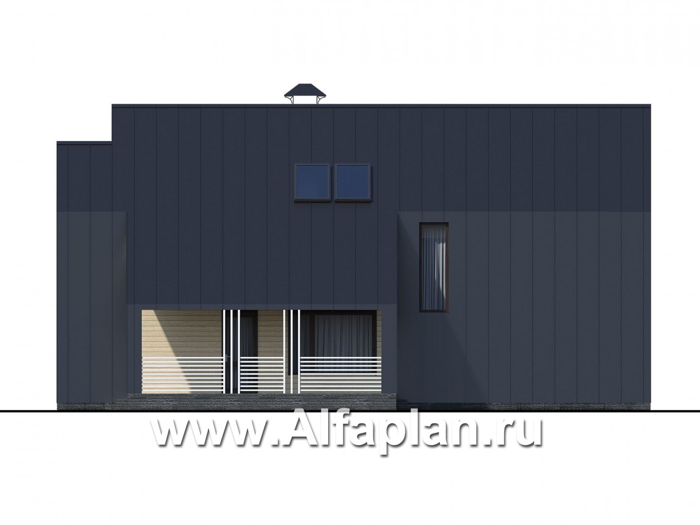 «Омега» - проект двухэтажного каркасного коттеджа, с террасой сбоку, план дома с 5-ю спальнями - фасад дома