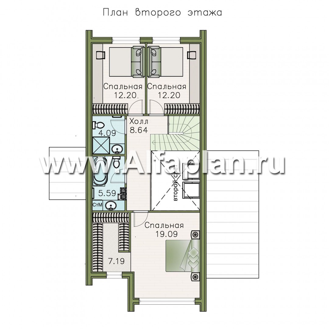 «Омега» - проект двухэтажного каркасного коттеджа, с террасой сбоку, план дома с 5-ю спальнями - план дома