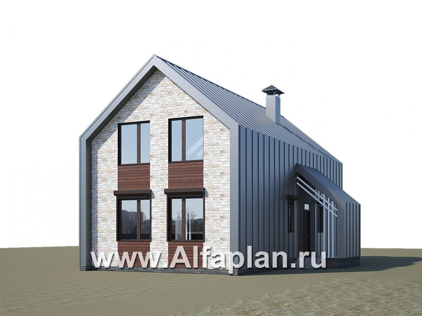 «Омега» - проект двухэтажного каркасного коттеджа, с террасой сбоку, план дома с 5-ю спальнями - дизайн дома №3