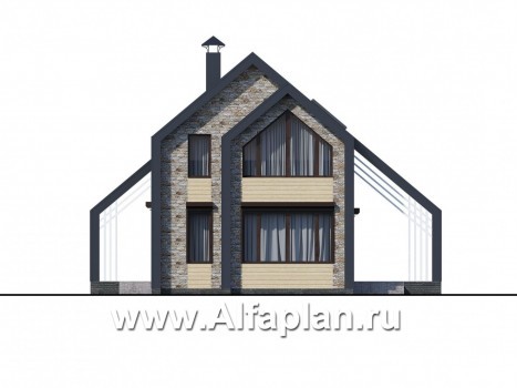 «Омега» - проект двухэтажного каркасного коттеджа, с террасой сбоку, план дома с 5-ю спальнями - превью фасада дома
