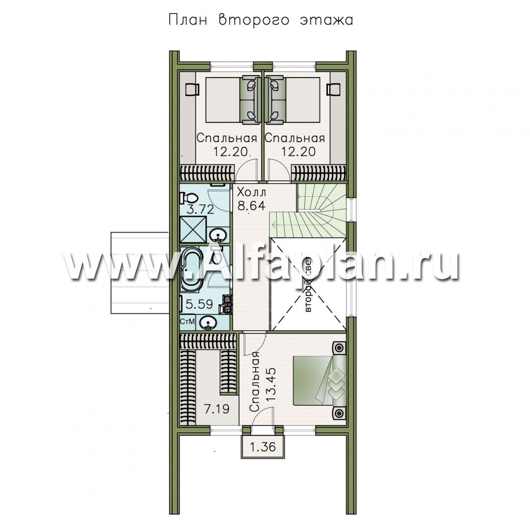 «Омега» - проект двухэтажного каркасного коттеджа, с террасой и барбекю, план дома с 5-ю спальнями - план дома