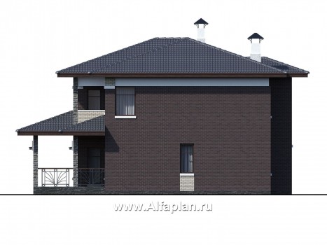 «Маяк» - проект двухэтажного дома из газобетона, с террасой со стороны входа, в стиле Райта - превью фасада дома