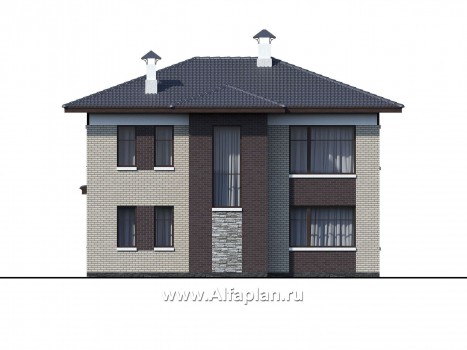 «Маяк» - проект двухэтажного дома из газобетона, с террасой, в стиле Райта - превью фасада дома