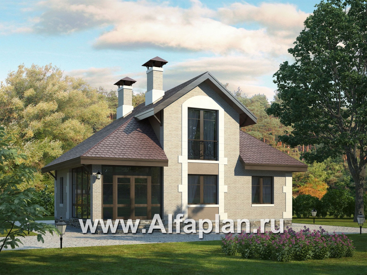 Проекты домов Альфаплан - «Замечательный сосед» - небольшой дом с верандой и студией в мансарде - основное изображение
