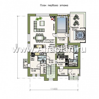 «Флагман» - проект двухэтажного дома, планировка с бассейном и сауной, с террасой, в скандинаввском стиле - превью план дома