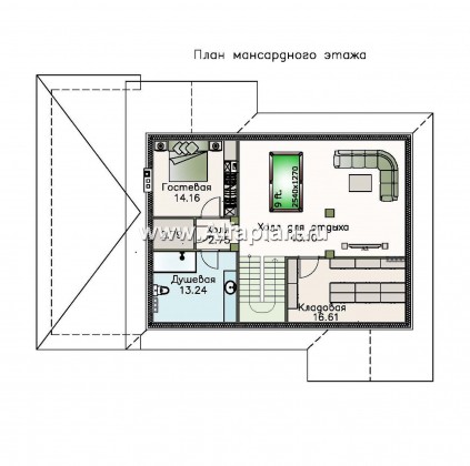 «Айвенго» — проект двухэтажного дома, с биллиардной в мансарде, с террасой и гаражом на 1 авто, в стиле замка - превью план дома