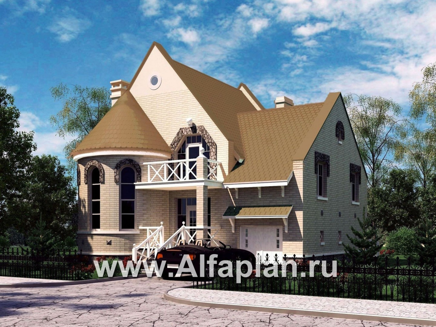 Проекты домов Альфаплан - «Онегин» - представительный загородный дом в стиле замка - основное изображение