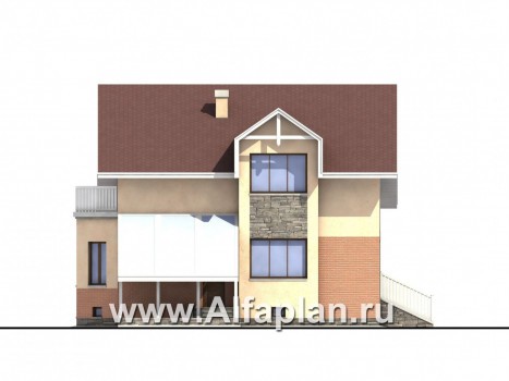 «Конформ»  - проект двухэтажного дома, из блоков, гараж на 1 авто, с цокольным этажом и верандой - превью фасада дома