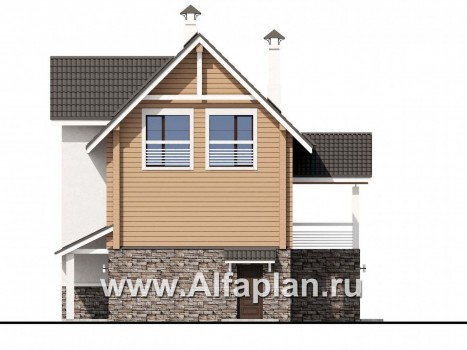 «АльфаВУД» - проект дома с мансардой, из дерева, на цоколе из кирпича, с сауной и с гаражом - превью фасада дома