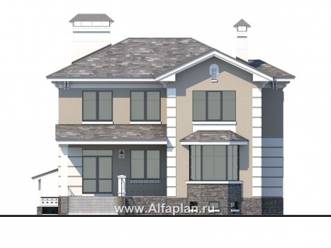 Проекты домов Альфаплан - «Репутация»- аристократический коттедж из блоков с цоколем - превью фасада №4