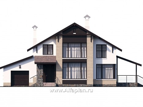 «Клипер» - проект дома с мансардой, планировка 5 спален, двускатная крыша в стиле шале, с гаражом - превью фасада дома
