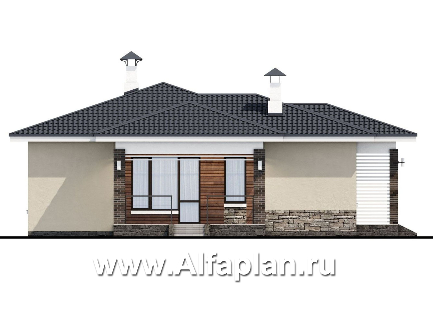 Проекты домов Альфаплан - «Аэда»- небольшой одноэтажный дом с двумя спальнями - изображение фасада №3