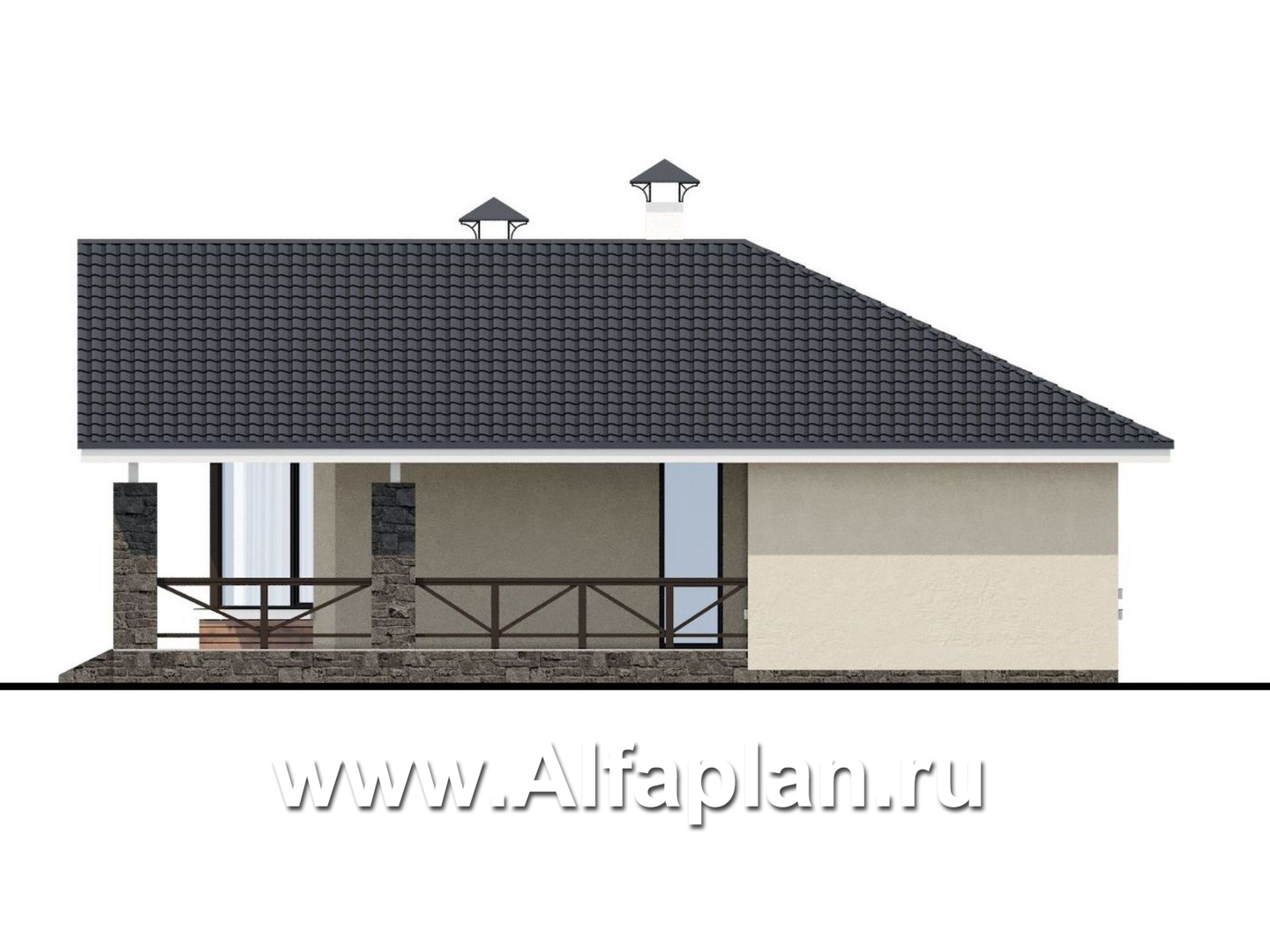 Проекты домов Альфаплан - «Яркий мир» - одноэтажный дом с высокой гостиной и просторной террасой - изображение фасада №2