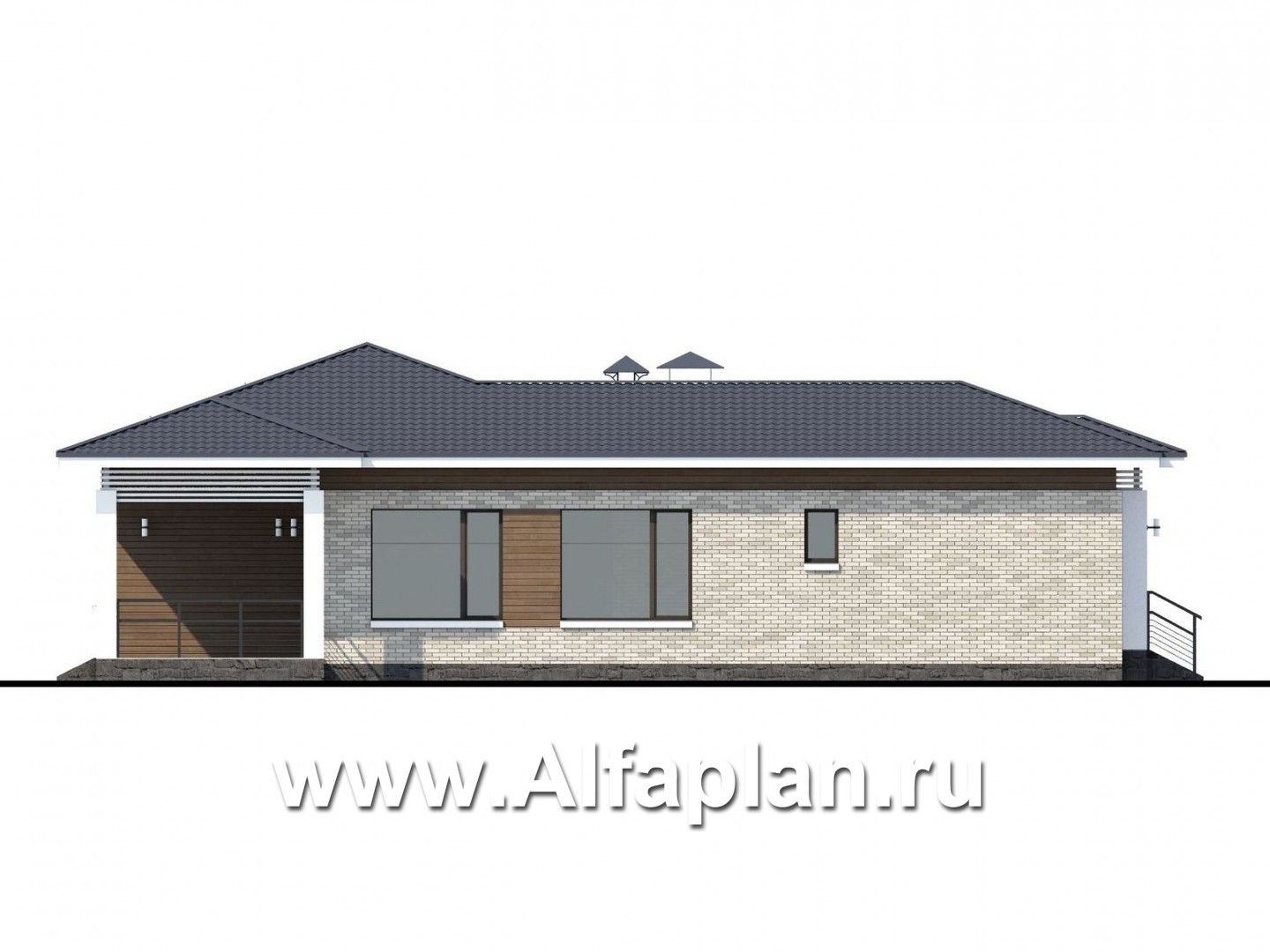 Проекты домов Альфаплан - «Днестр» - одноэтажный коттедж с большим гаражом и террасой - изображение фасада №3