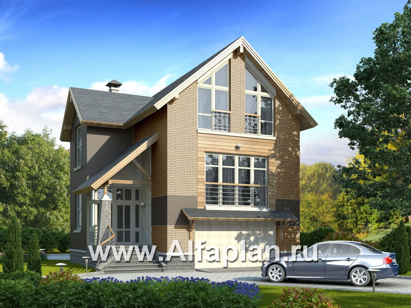 Проекты домов Альфаплан - «Экспрофессо»- проект компактного дома с гаражом в цоколе - основное изображение