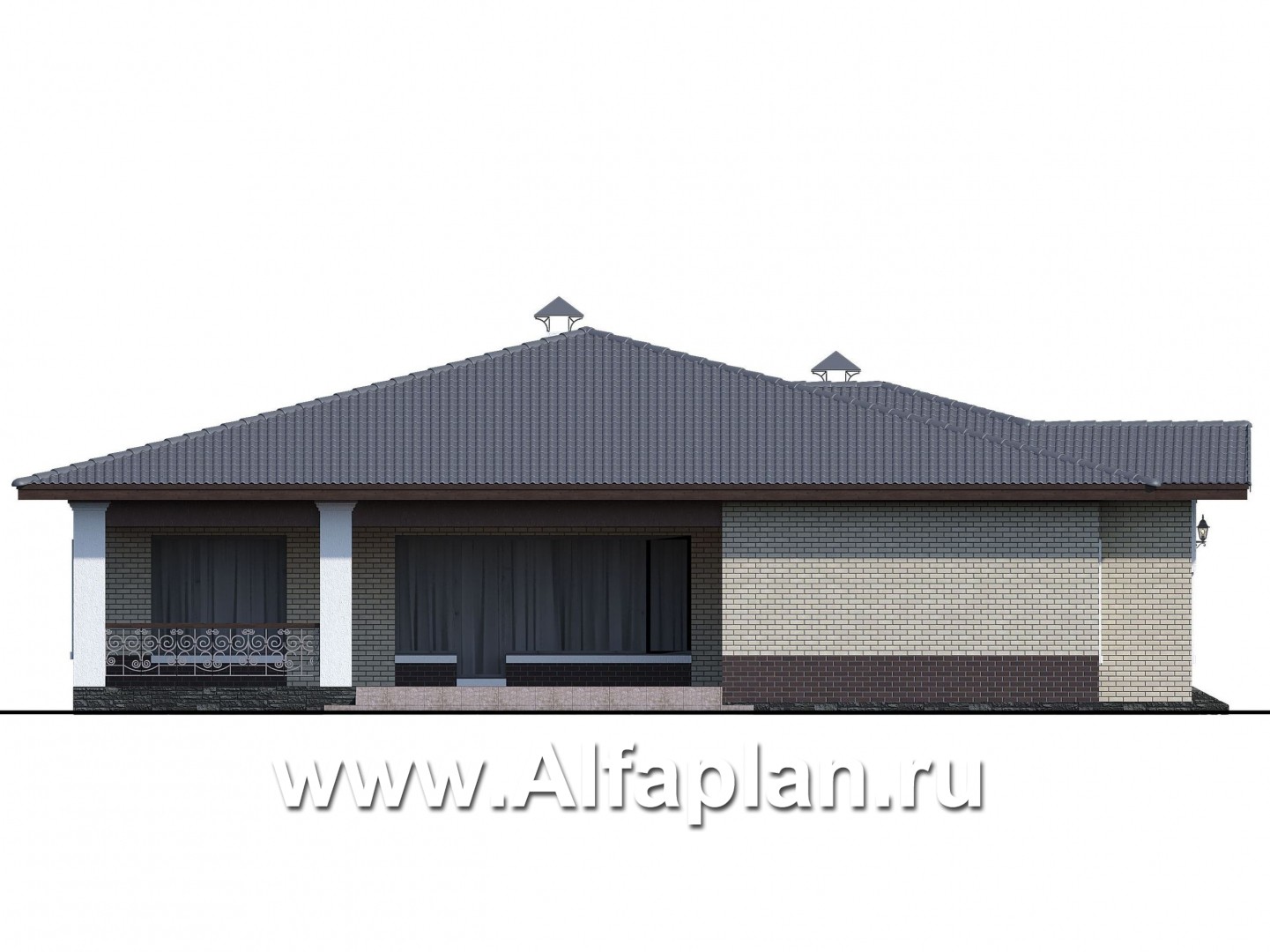 Проекты домов Альфаплан - «Ангара» - стильный одноэтажный коттедж с террасой - изображение фасада №2