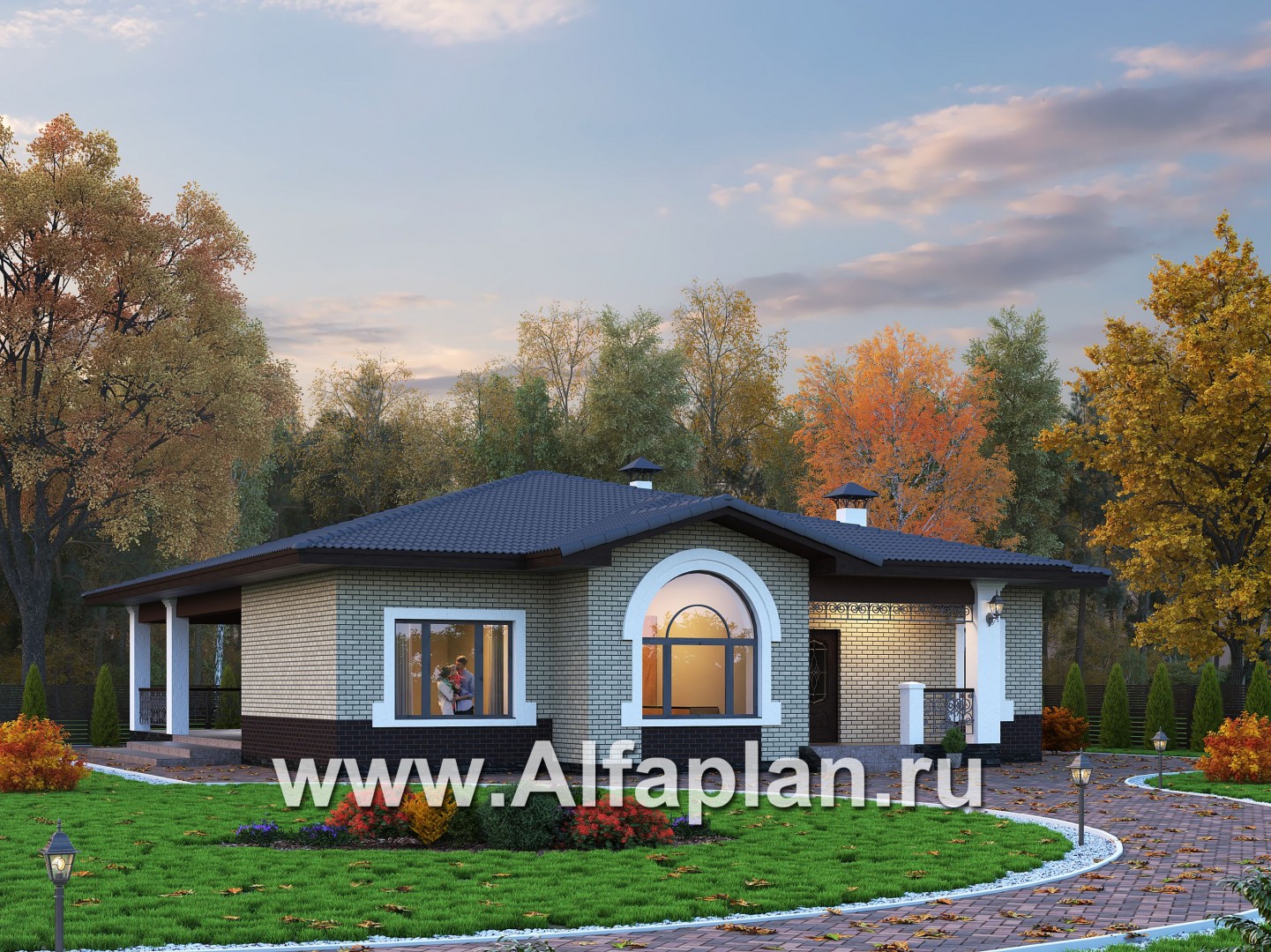 Проекты домов Альфаплан - «Ангара» - стильный одноэтажный коттедж с террасой - основное изображение