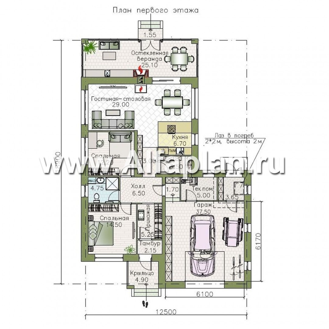 Проекты домов Альфаплан - «Калиопа» -одноэтажный дом с большим гаражом и остекленной верандой - изображение плана проекта №1