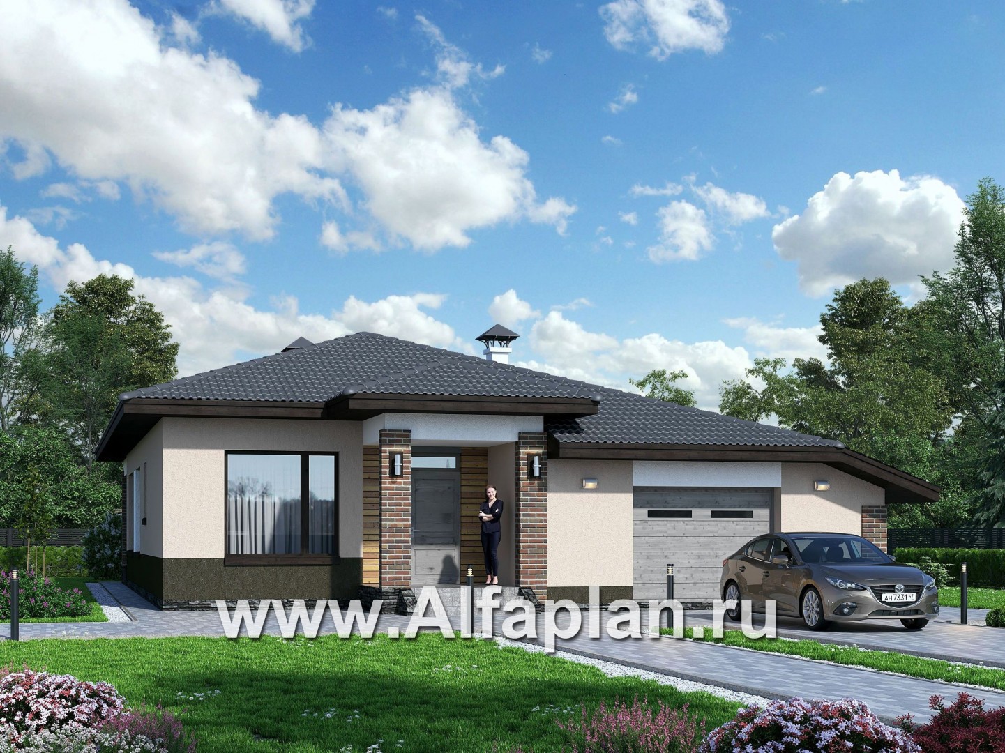 Проекты домов Альфаплан - «Калиопа» -одноэтажный дом с большим гаражом и остекленной верандой - основное изображение