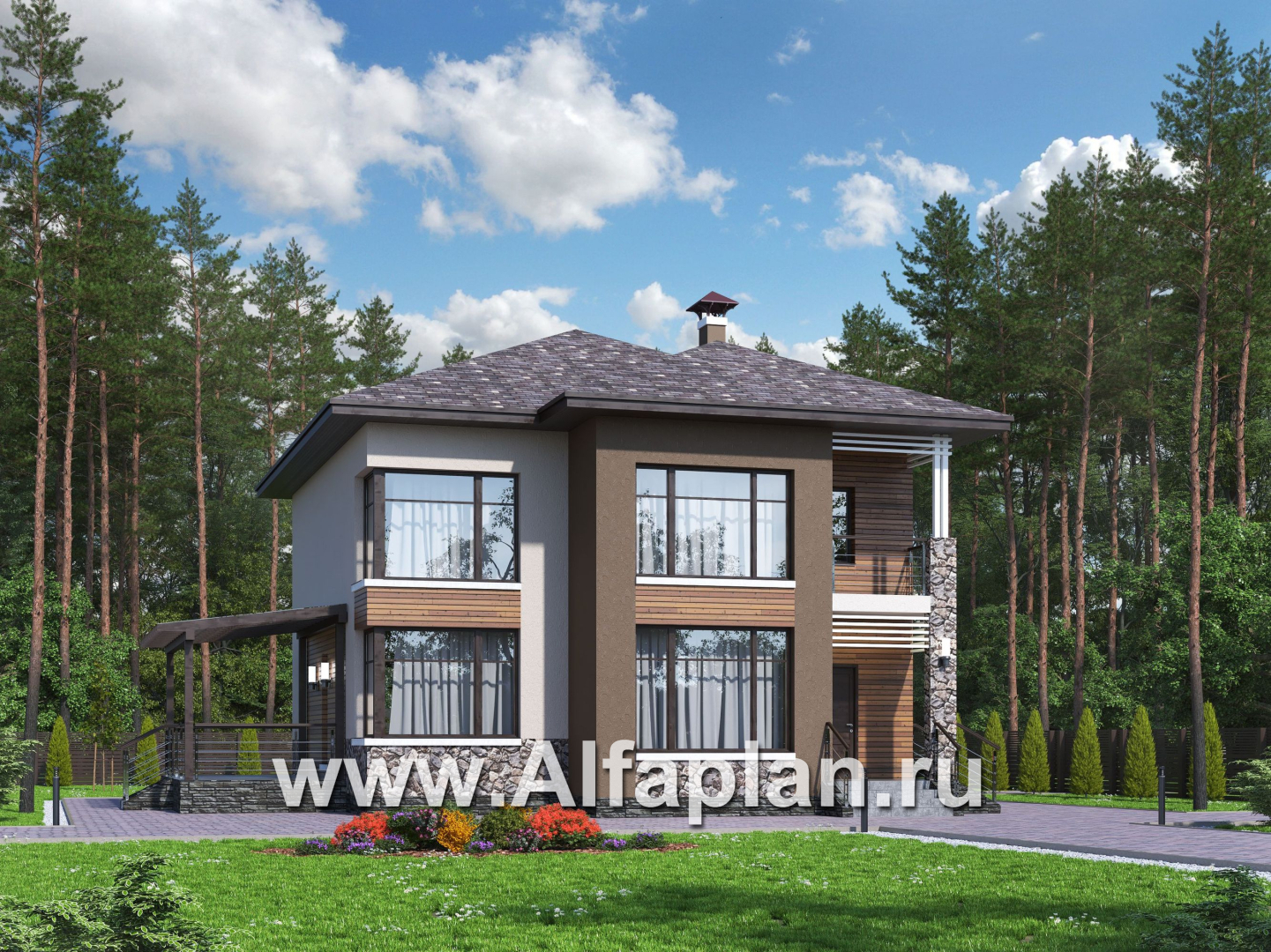 Проекты домов Альфаплан - «Печора» - стильный двухэтажный коттедж с сауной и мастер-спальней - основное изображение