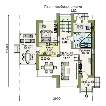 Проекты домов Альфаплан - «Печора» - стильный двухэтажный коттедж с сауной и мастер-спальней - превью плана проекта №1