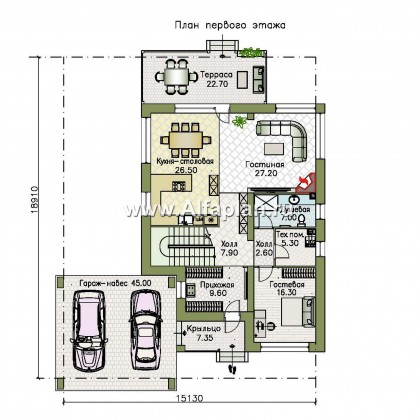 Проекты домов Альфаплан - «Золотой ключик» — современный дом с плоской эксплуатируемой кровлей и гаражом-навесом - превью плана проекта №1