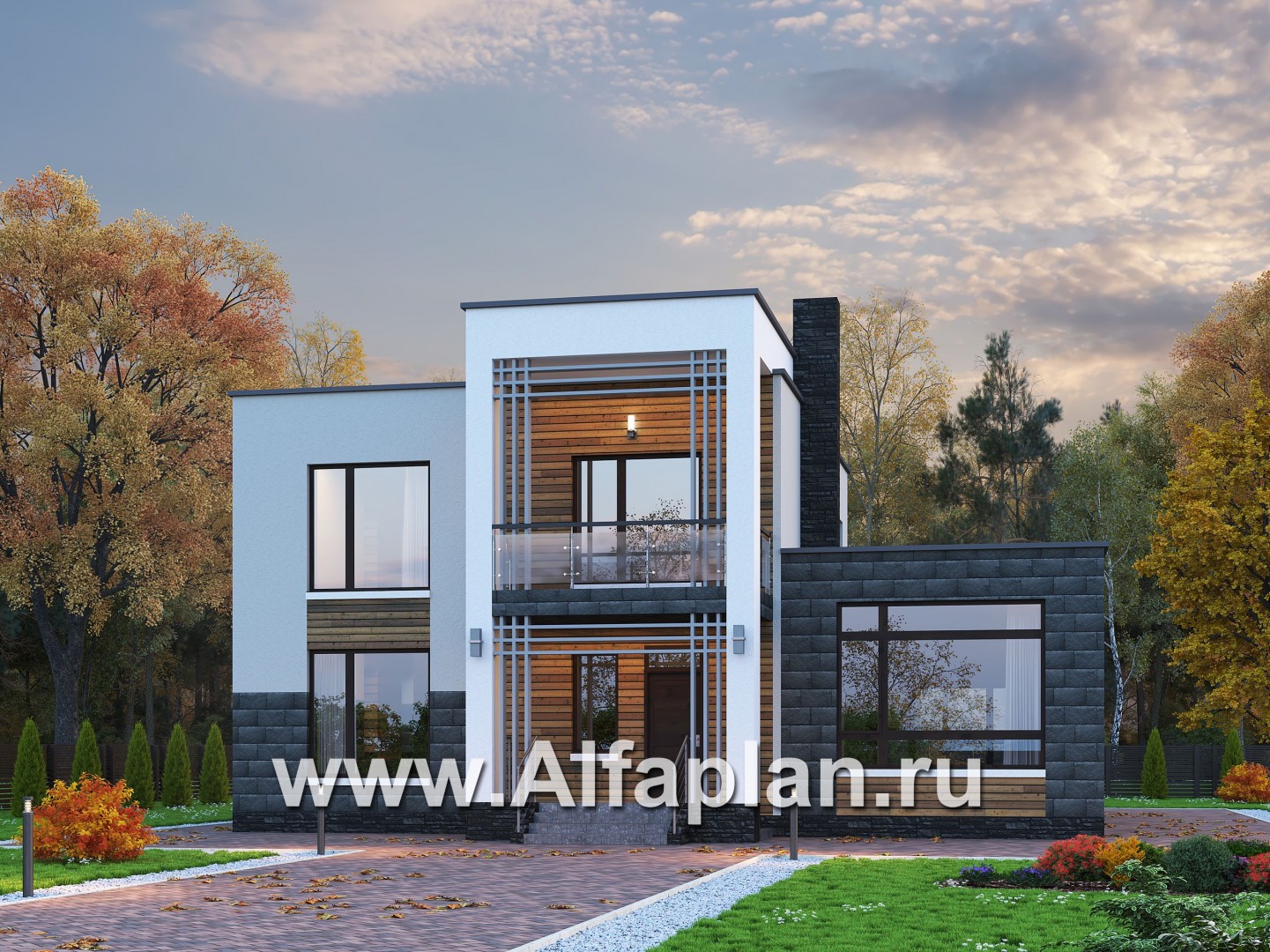 Проекты домов Альфаплан - «Футура» - современный двухэтажный дом с плоской кровлей - основное изображение