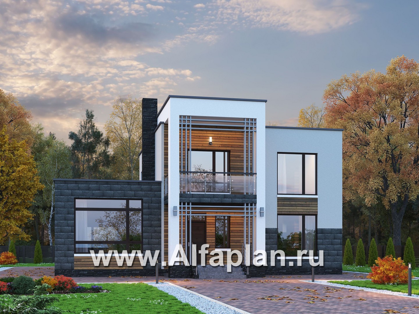 Проекты домов Альфаплан - «Футура» - современный двухэтажный дом с плоской кровлей - основное изображение