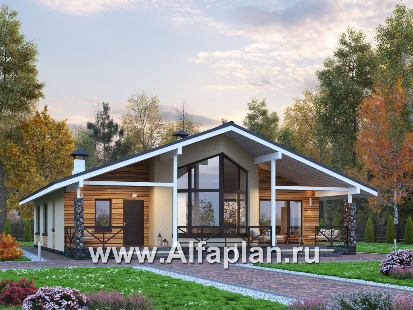 Проекты домов Альфаплан - «Вектор Плюс» - одноэтажный дом с тремя спальнями, террасой и сауной - основное изображение