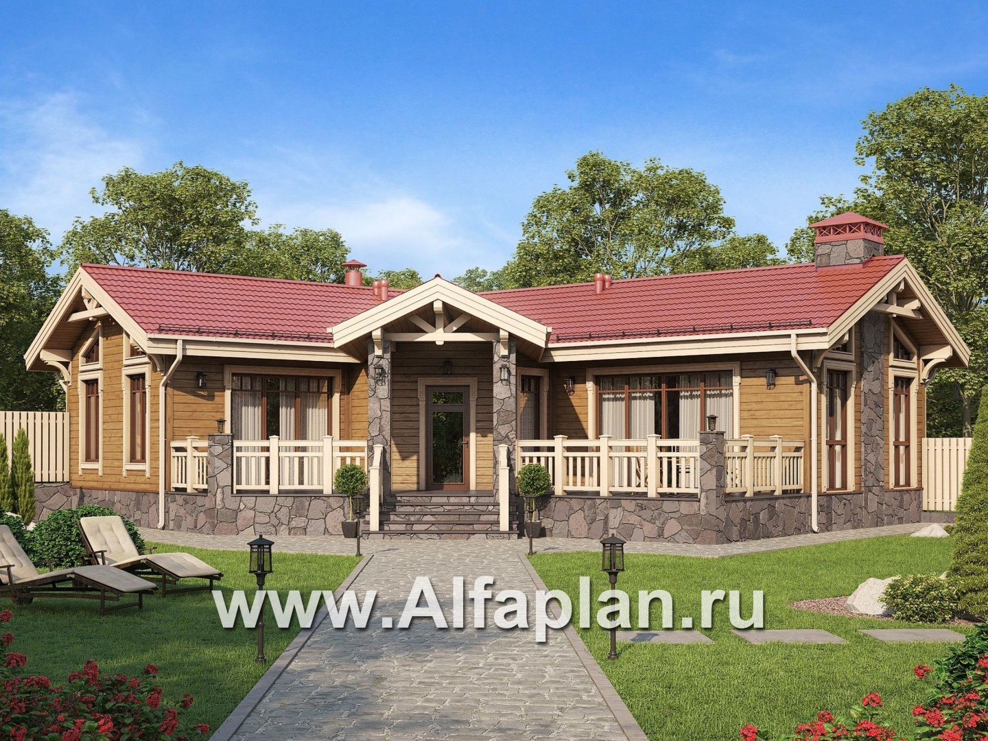 Проект бани из бруса, с террасой и с купелью, с диагональным решением - основное изображение