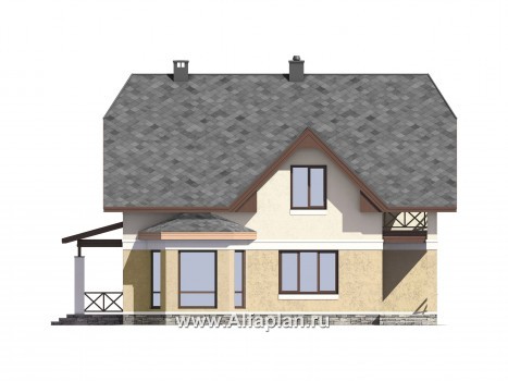Проект дома с мансардой, планировка с террасой и кабинетом на 1 эт, с эркером и с гаражом на 1 авто - превью фасада дома