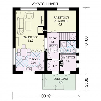 Проект дома с мансардой, 3 спальни, открытая планировка с камином, гостевая комната на 1 эт - превью план дома