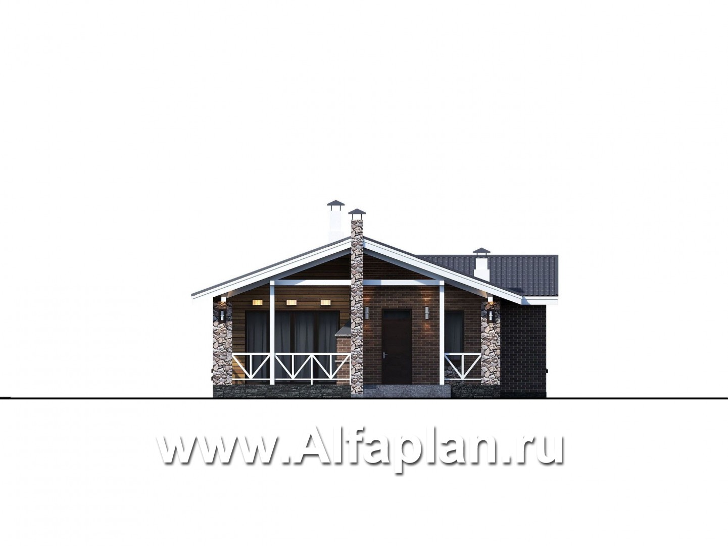 Проекты домов Альфаплан - «Персефона» - современный одноэтажный коттедж с барбекю на террасе - изображение фасада №1