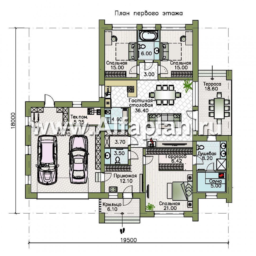 Проекты домов Альфаплан - «Аркада» - современный одноэтажный дом с сауной и большим гаражом - изображение плана проекта №1