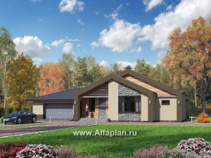 Проекты домов Альфаплан - «Аркада» - современный одноэтажный дом с сауной и большим гаражом - превью основного изображения