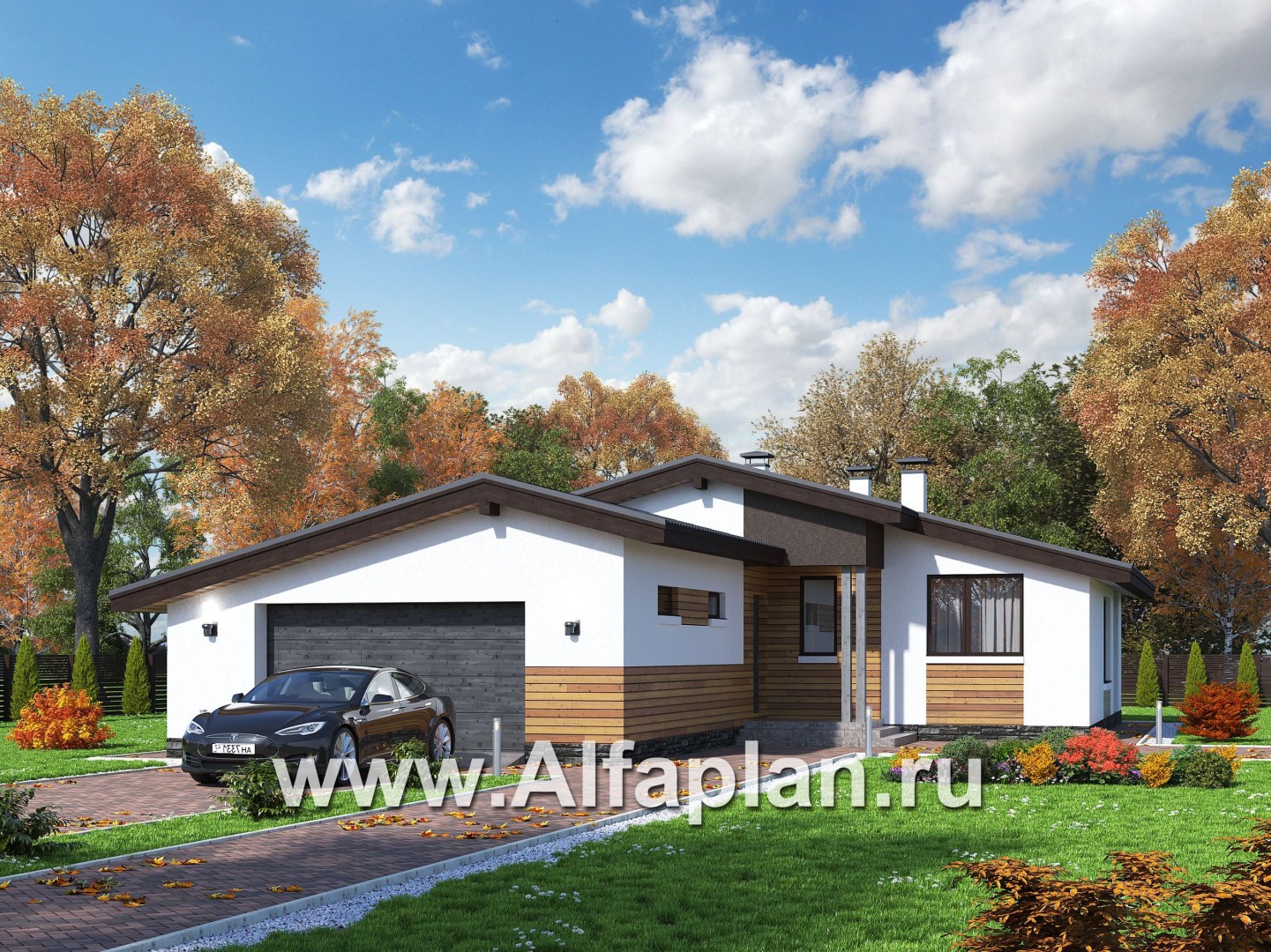 Проекты домов Альфаплан - «Калисто» - одноэтажный коттедж с гаражом на два автомобиля - основное изображение