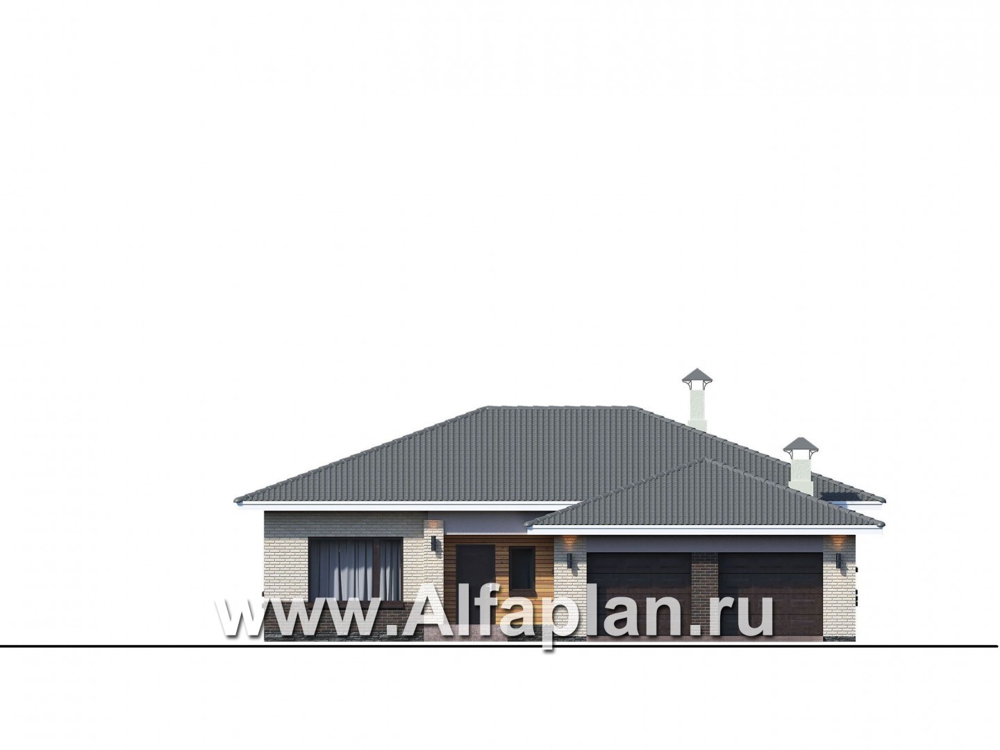 Проекты домов Альфаплан - «Зодиак» - одноэтажный коттедж с большим гаражом - изображение фасада №1