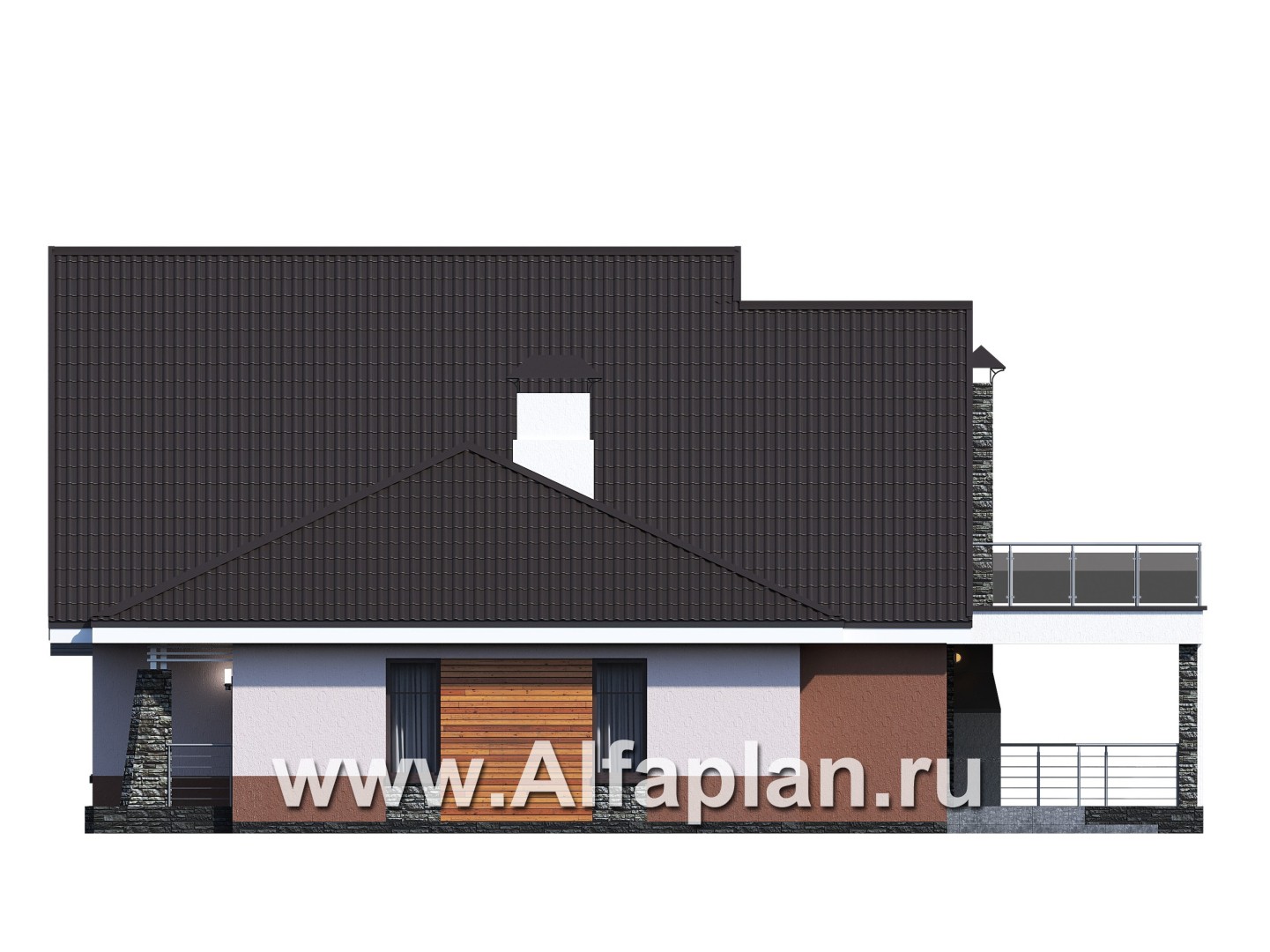 «Амарант» - проект современного коттеджа с мансардой, с террасой и балконом - фасад дома