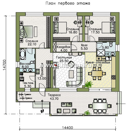 Проекты домов Альфаплан - "Аметист" - экономичный одноэтажный дом с современной кровлей - превью плана проекта №1