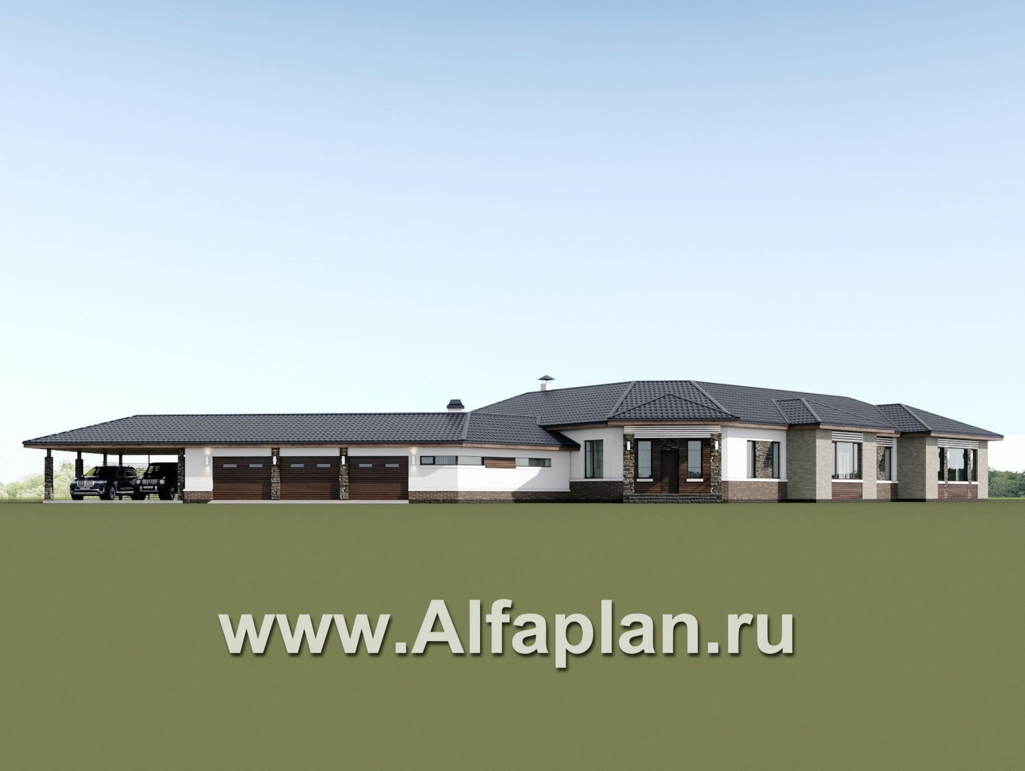 «Полярная звезда« - проект одноэтажного дома из кирпичей, вилла с диагональным планом, с гаражом - дизайн дома №2