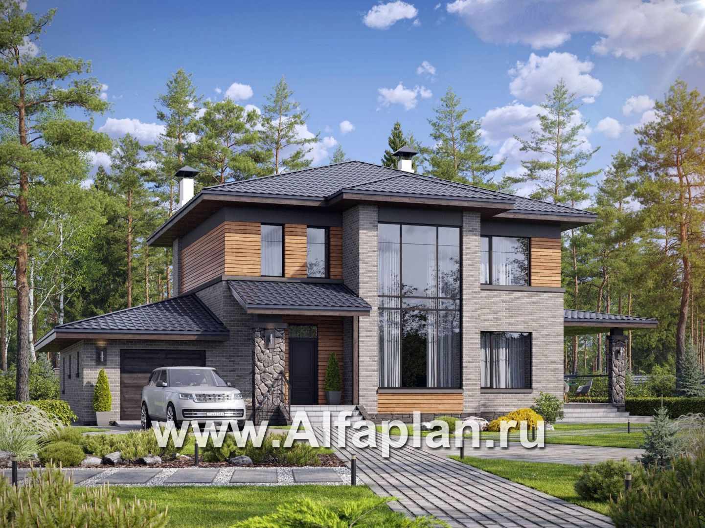 «Триггер роста» - проект двухэтажного дома из блоков, с террасой и вторым светом, с гаражом, в стиле Райта - основное изображение