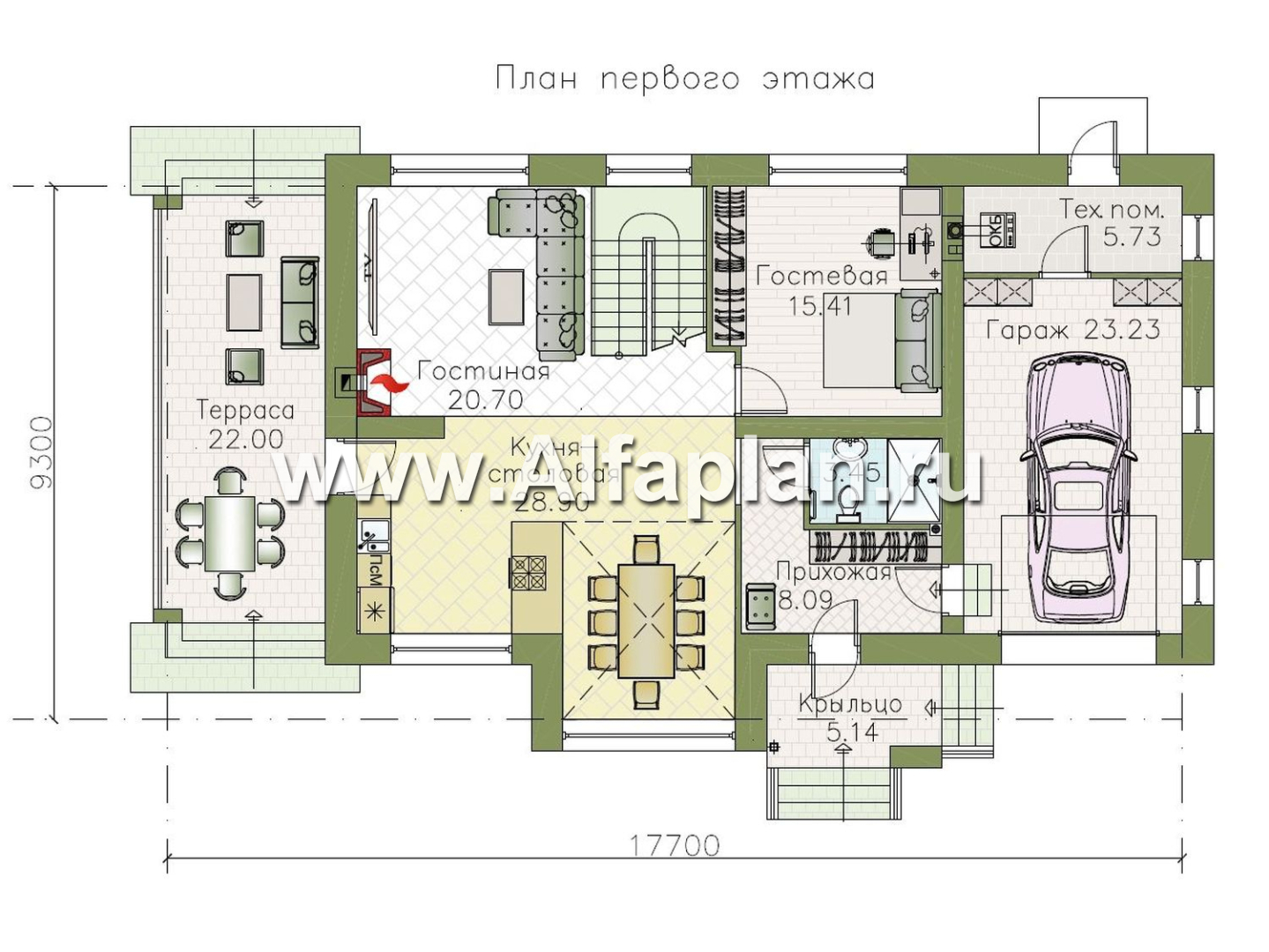 «Компас» - проект двухэтажного дома из газобетона, стеррасой и гаражом, в стиле Райта - план дома