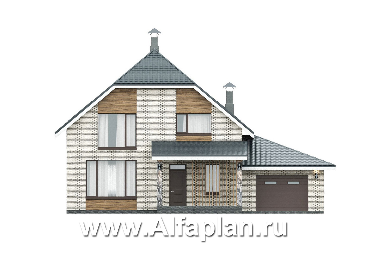 «Династия» - проект дома с мансардой, мастер спальня, с террасой и гаражом с мастерской - фасад дома