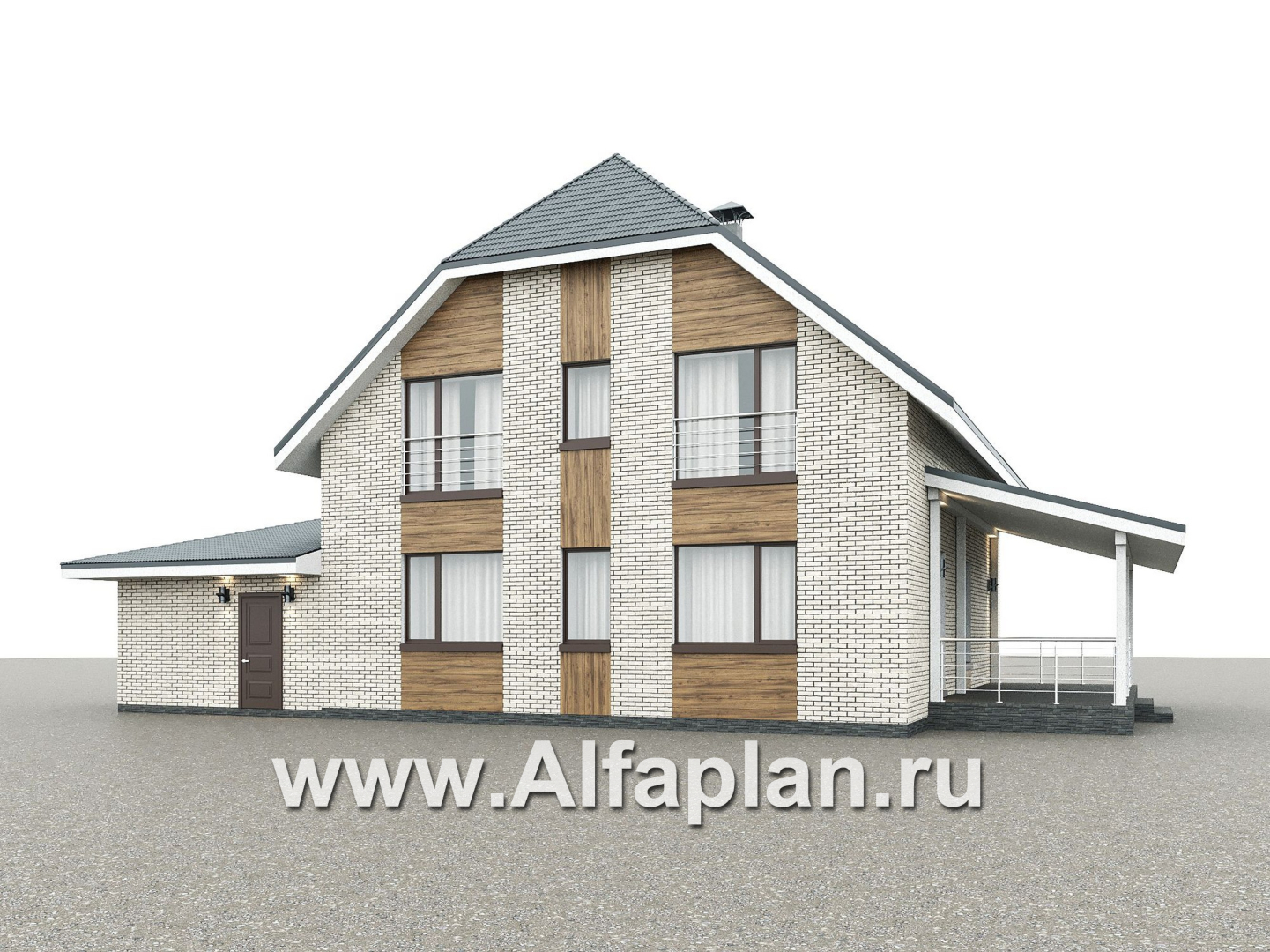 «Династия» - проект дома с мансардой, мастер спальня, с террасой сбоку и гаражом с мастерской - дизайн дома №2