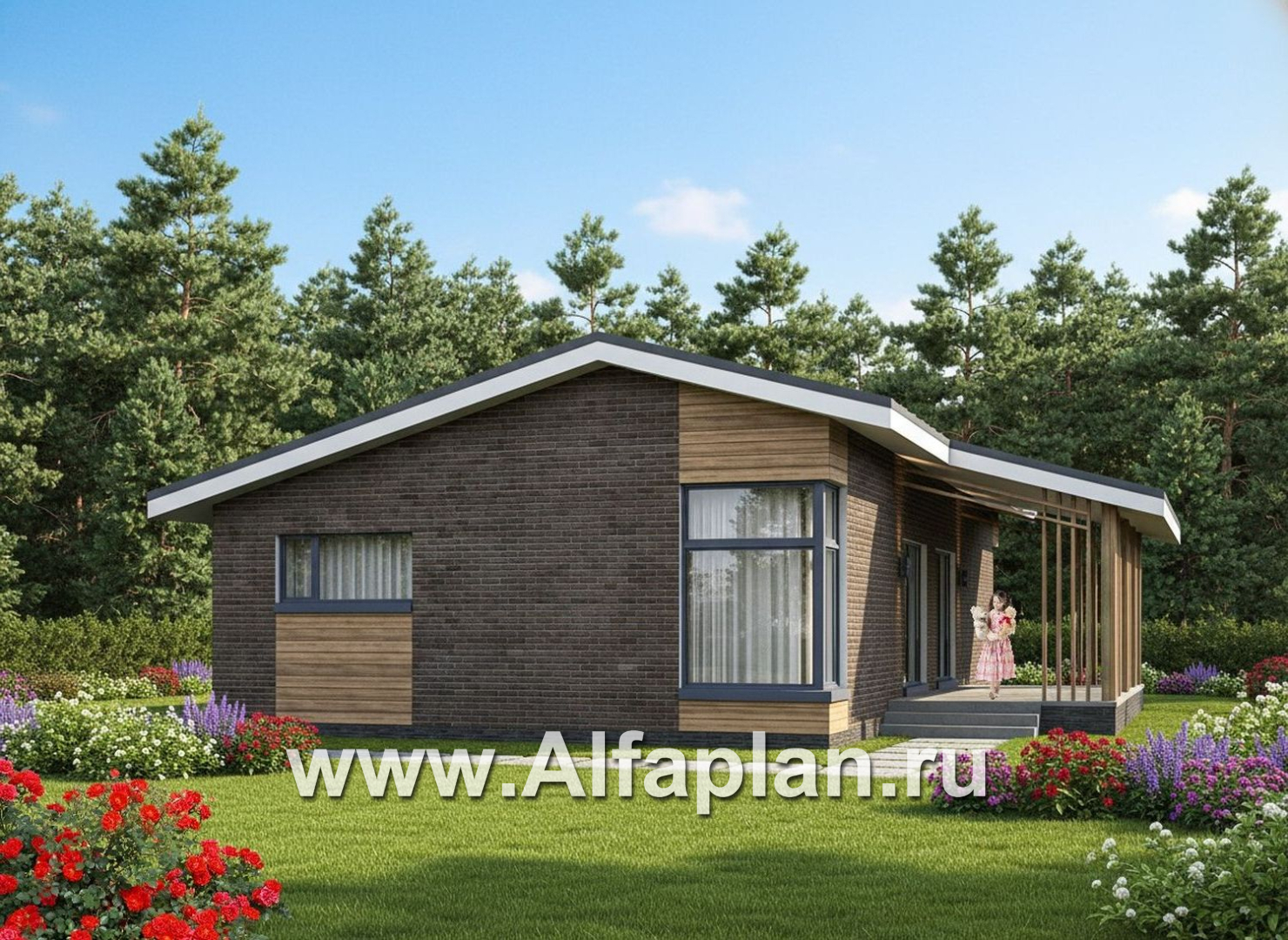 «Алладин» - проект одноэтажного дома, мастер спальня, с террасой и красивым потолком гостиной со стропилами - дизайн дома №1